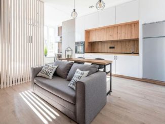 Sivi kauč sa jastucima ispred kuhinje u otvorenom enterijeru